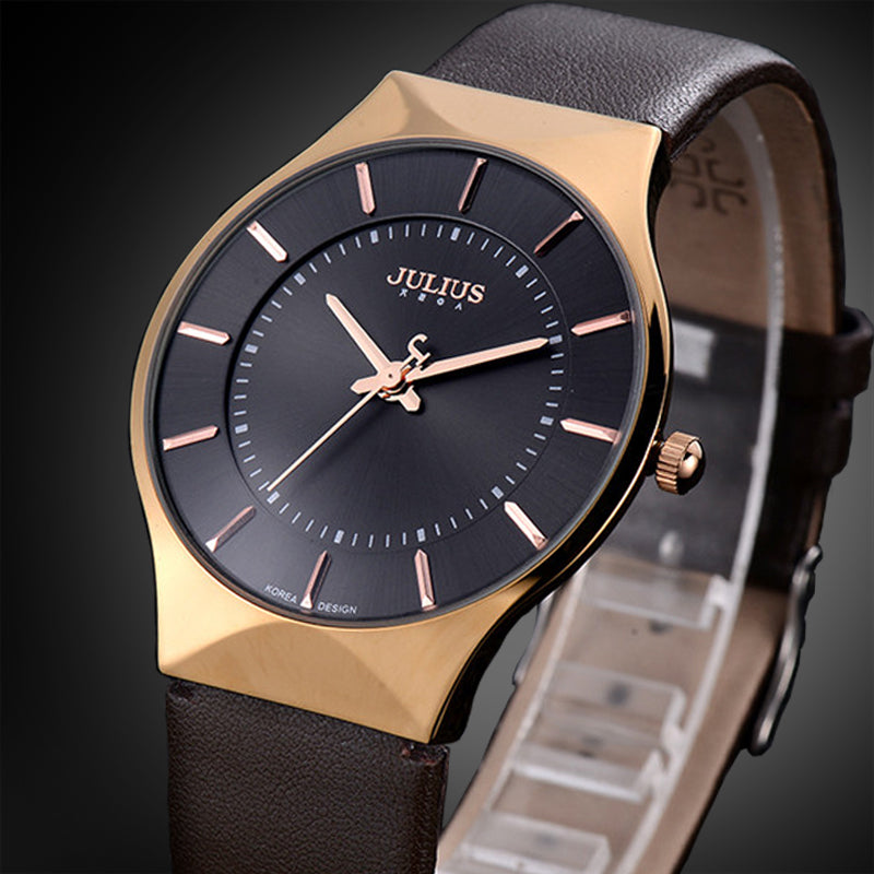 Quartz Hours Ultra Thin Case Genuine Leather Dress Business Male Wrist Watches
